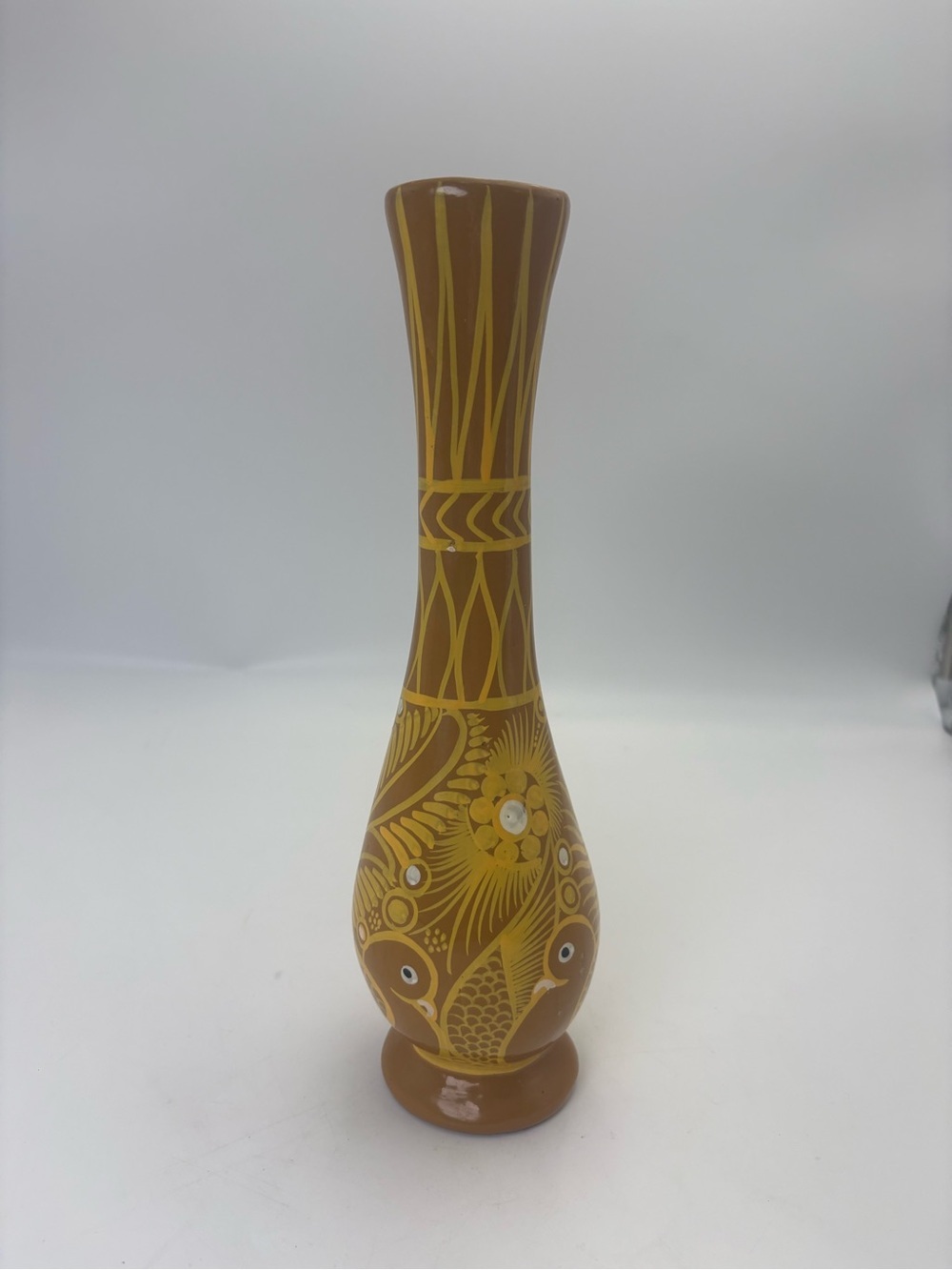 Vintage Mexican Folk Art Redware Pottery Vase in Yellow
